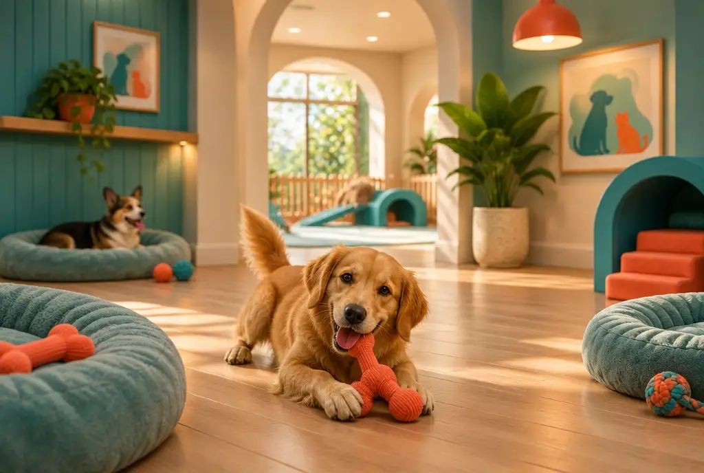 Creche canina moderna com cães brincando em ambiente teal e coral