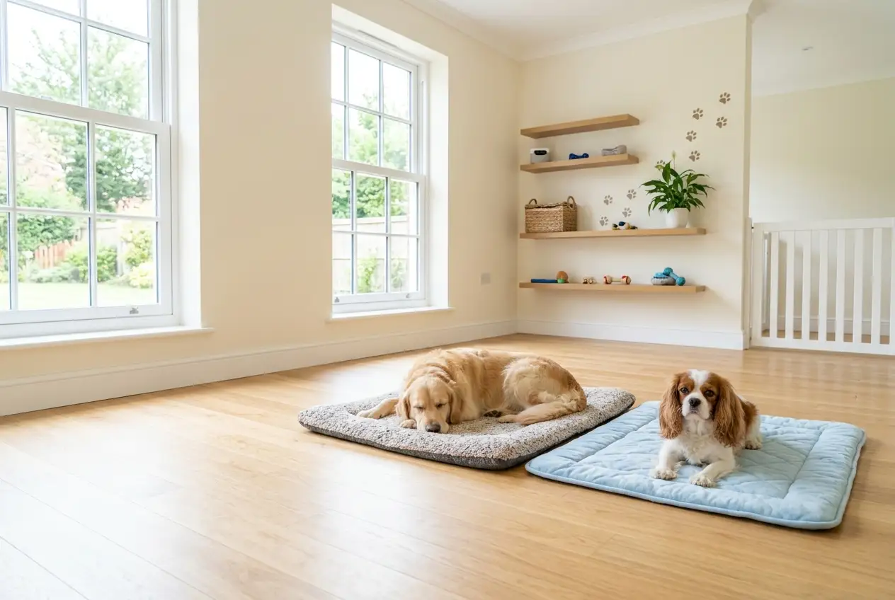 Dois cães descansando em caminhas em um hotel pet iluminado