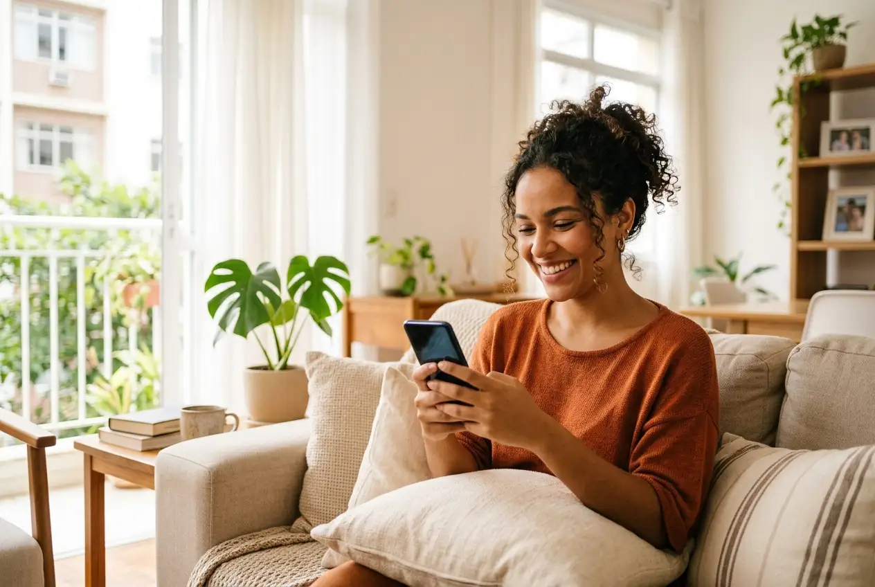 Tutora sorrindo ao acompanhar o pet pelo celular no sofá de casa