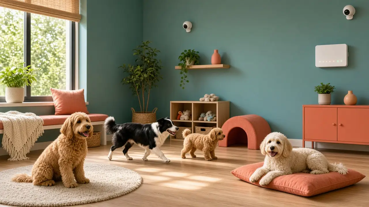 Creche pet com câmeras discretas nas paredes e cães brincando