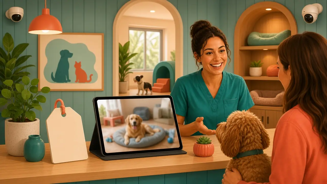 Hotel pet com câmeras de monitoramento e tablet com transmissão ao vivo do pet para o tutor