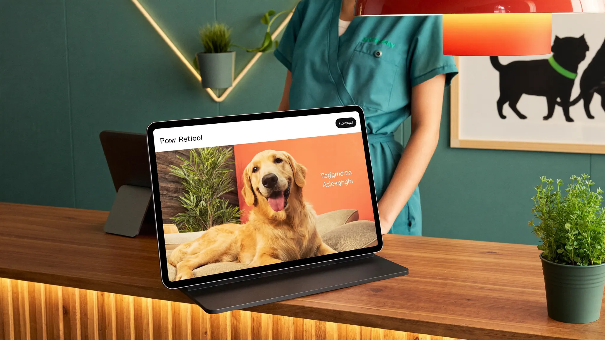 Recepção de hotel pet com tablet mostrando câmera ao vivo